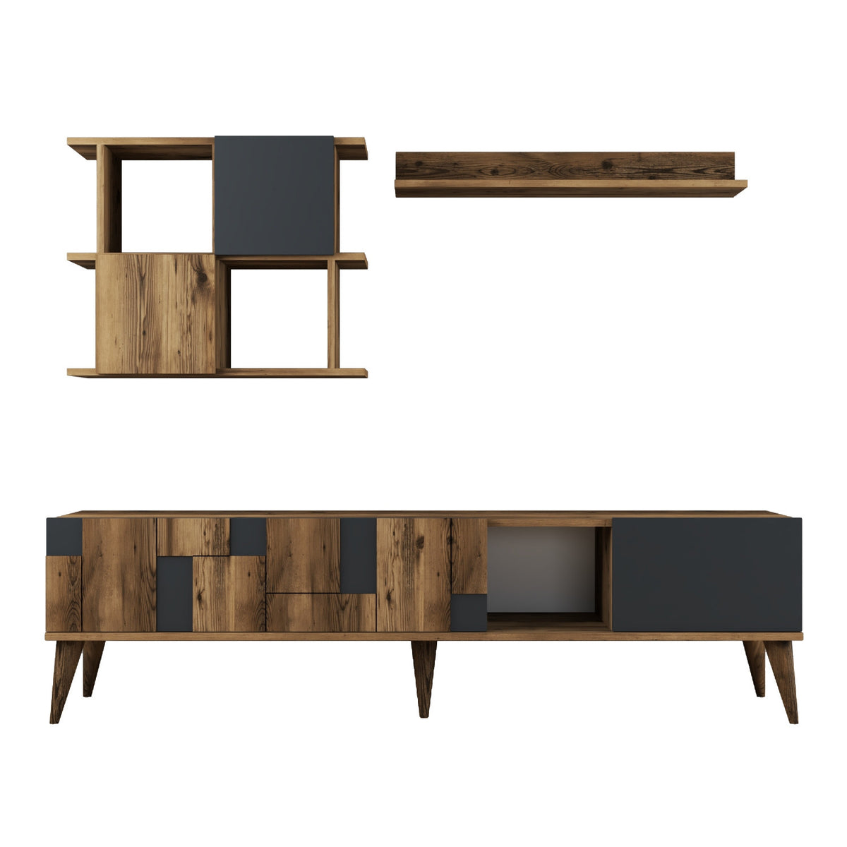 TV Furniture - TV Furniture Set Madrid Walnut Anthracite Melamine 180x48.6x33.8 cm - Dimehouse