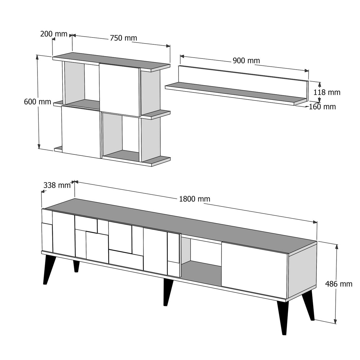 TV Furniture - TV Furniture Set Madrid Walnut Anthracite Melamine 180x48.6x33.8 cm - Dimehouse