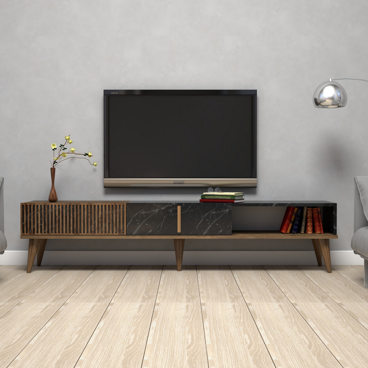 TV Furniture - TV Furniture Milan Walnut Black Melamine 180x40x35 cm - Dimehouse
