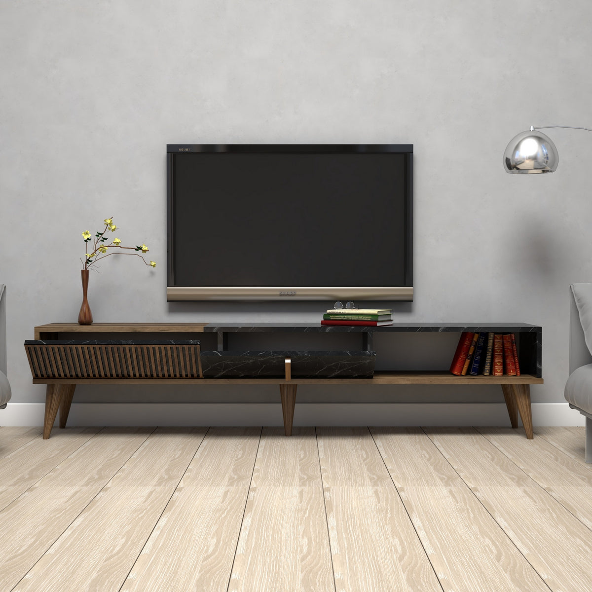 TV Furniture - TV Furniture Milan Walnut Black Melamine 180x40x35 cm - Dimehouse