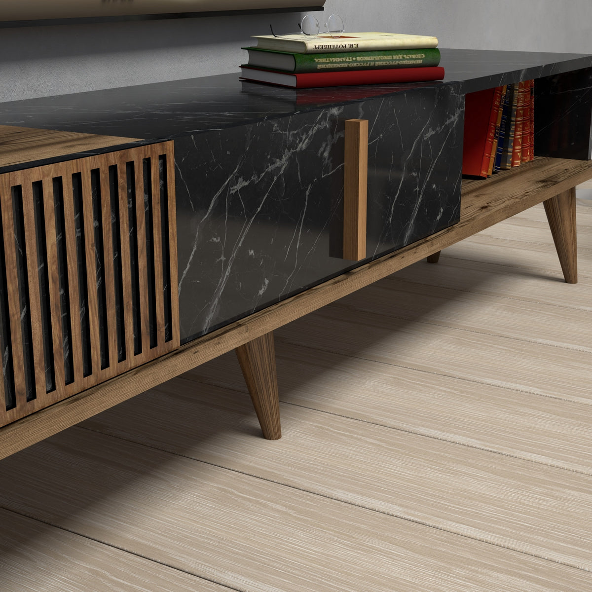 TV Furniture - TV Furniture Milan Walnut Black Melamine 180x40x35 cm - Dimehouse