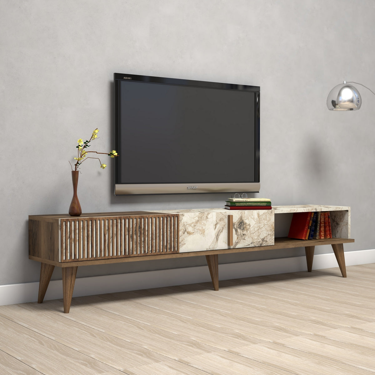 TV Furniture - TV Furniture Milan Walnut White Marble Melamine 180x40x35 cm - Dimehouse
