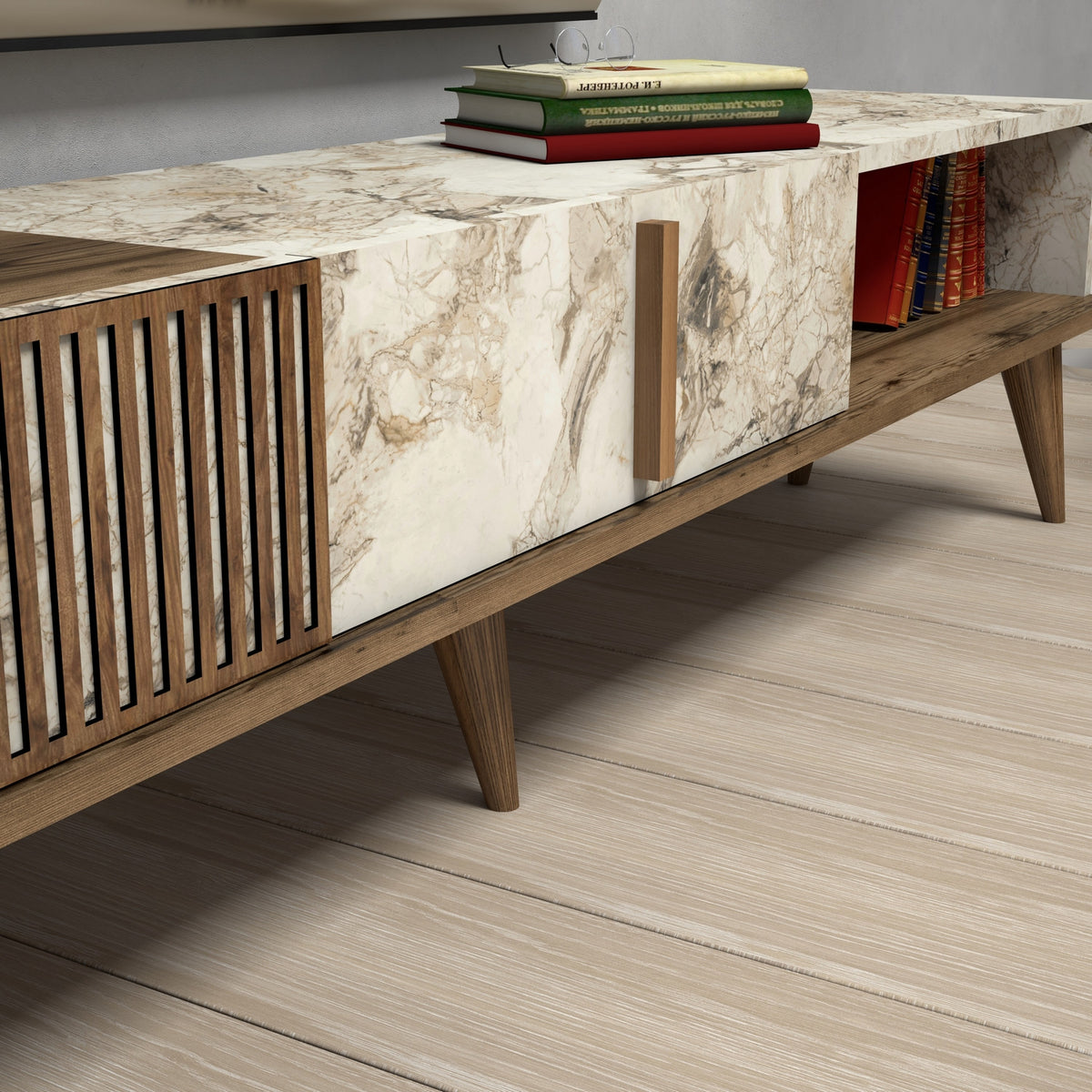 TV Furniture - TV Furniture Milan Walnut White Marble Melamine 180x40x35 cm - Dimehouse