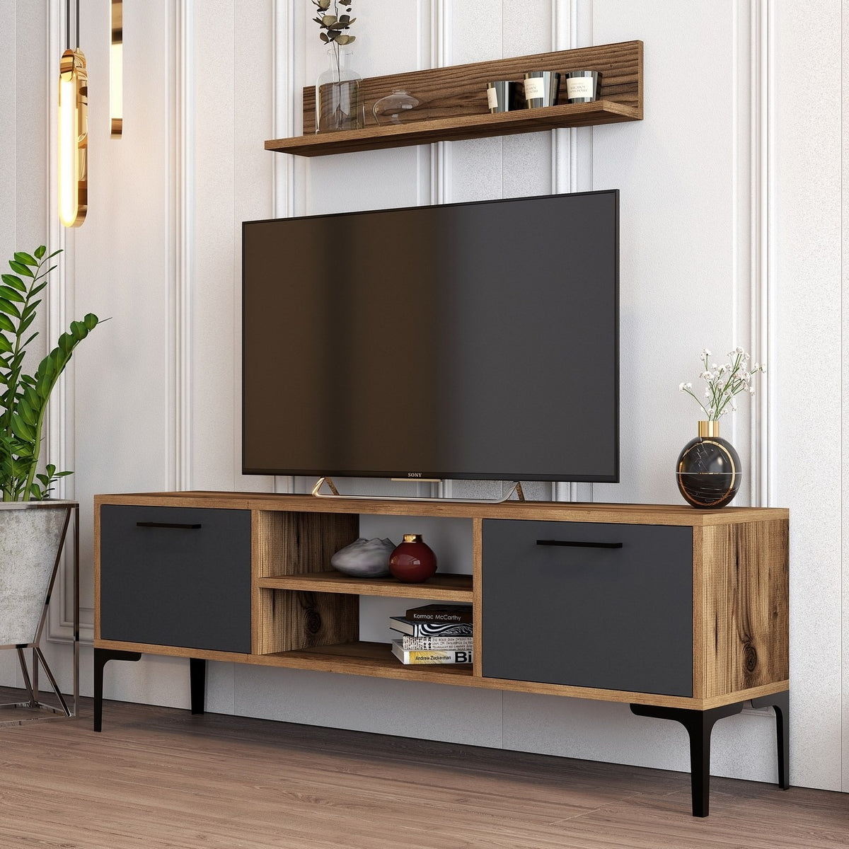TV Furniture - TV Furniture Set Riga Walnut Anthracite Melamine 140x48x30 cm - Dimehouse