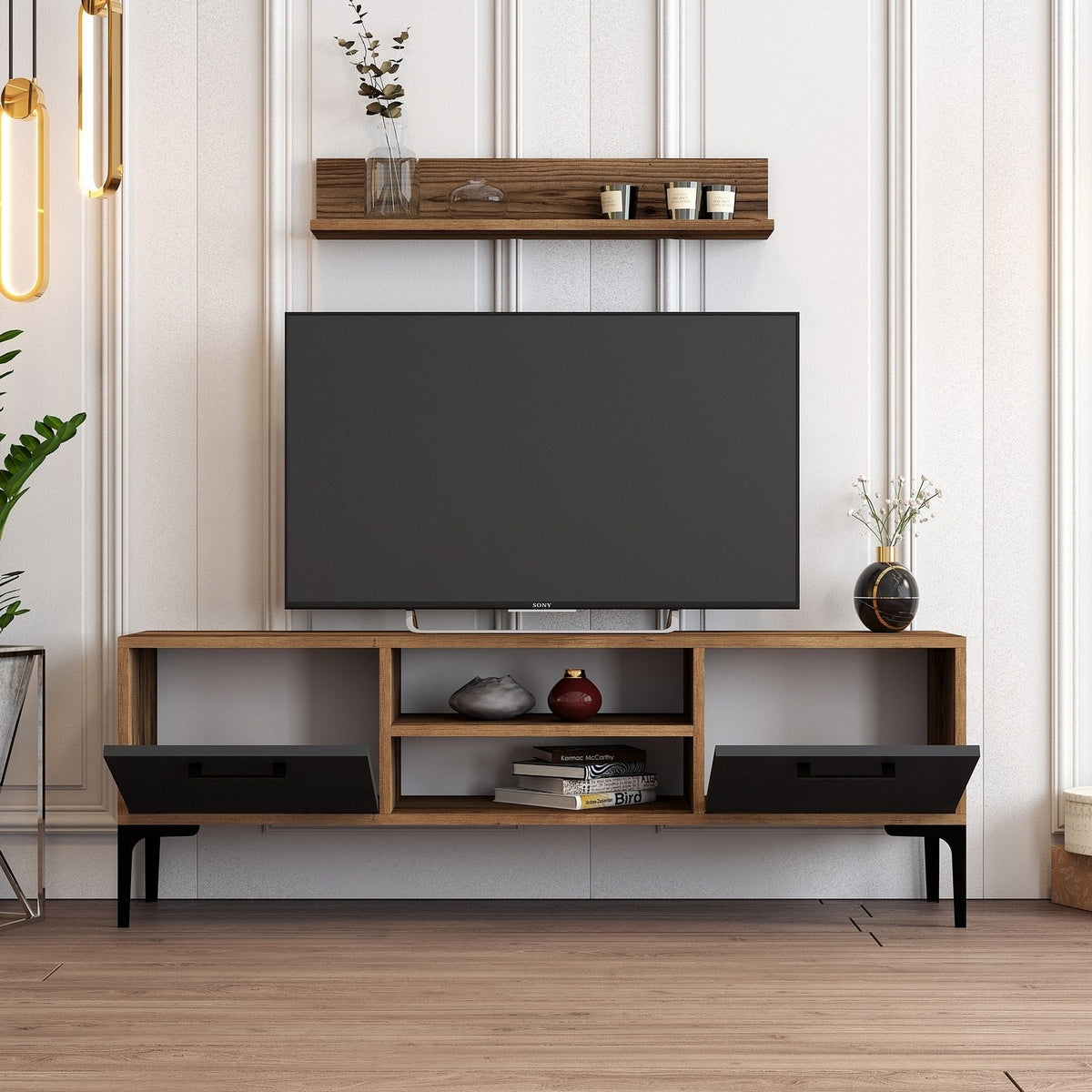 TV Furniture - TV Furniture Set Riga Walnut Anthracite Melamine 140x48x30 cm - Dimehouse