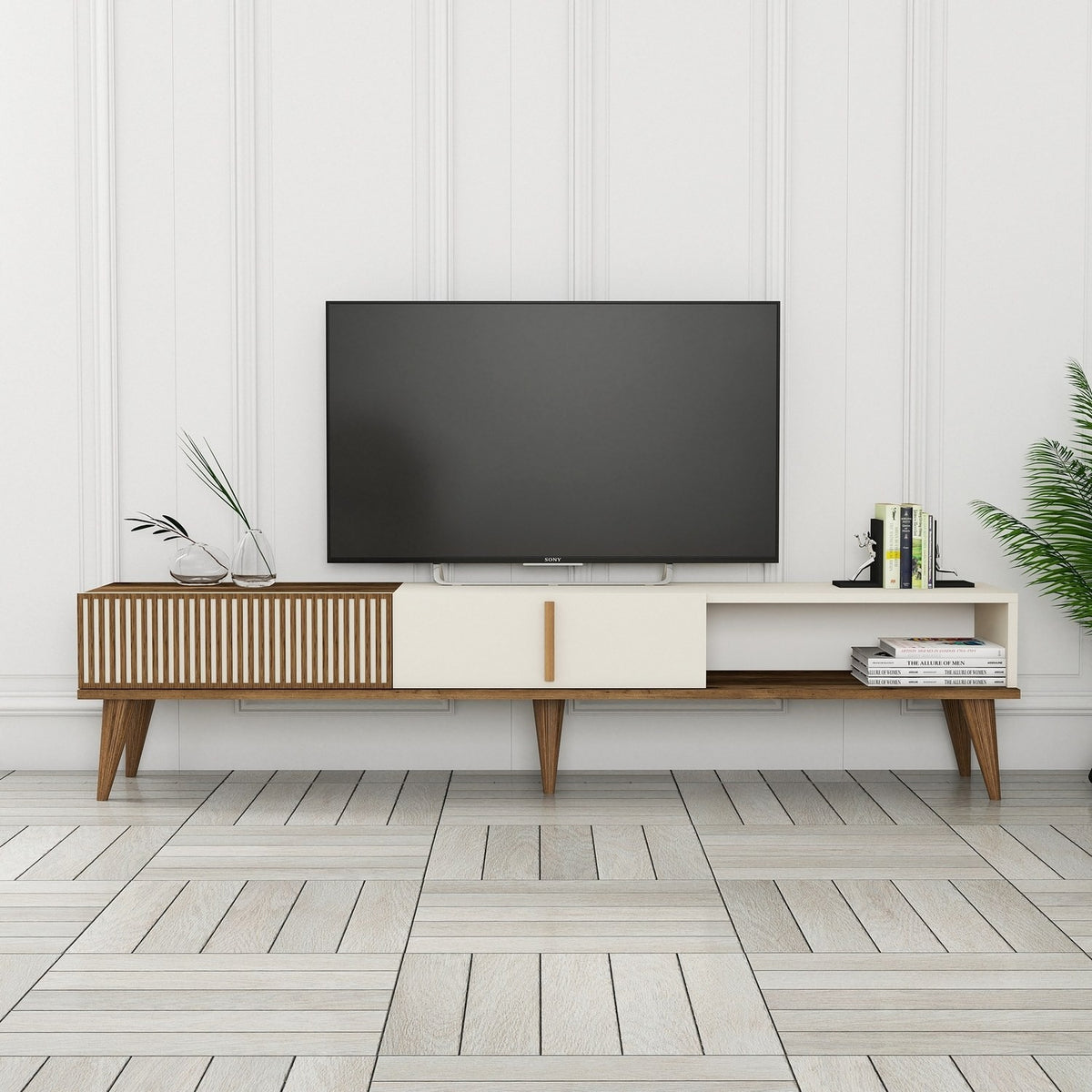 TV Furniture - TV Furniture Milan Alt Walnut Cream Melamine 180x40x35 cm - Dimehouse