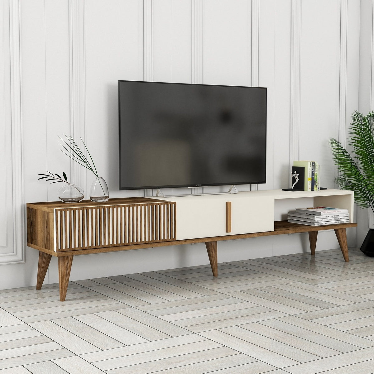 TV Furniture - TV Furniture Milan Alt Walnut Cream Melamine 180x40x35 cm - Dimehouse