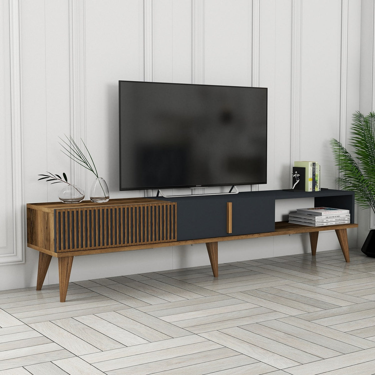 TV Furniture - TV Furniture Milan Alt Walnut Anthracite Melamine 180x40x35 cm - Dimehouse