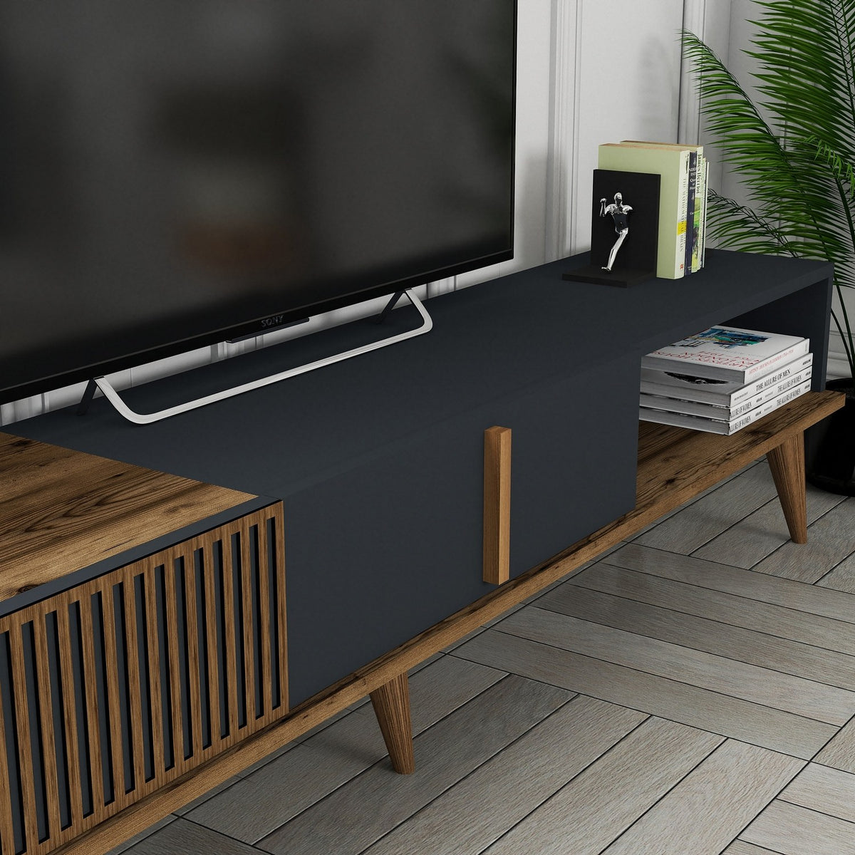 TV Furniture - TV Furniture Milan Alt Walnut Anthracite Melamine 180x40x35 cm - Dimehouse