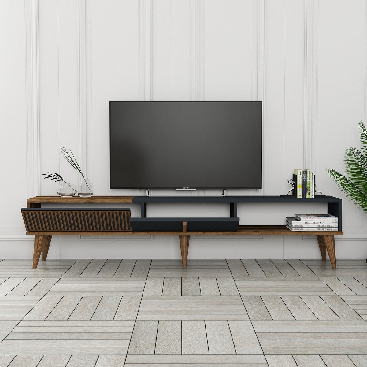 TV Furniture - TV Furniture Milan Alt Walnut Anthracite Melamine 180x40x35 cm - Dimehouse