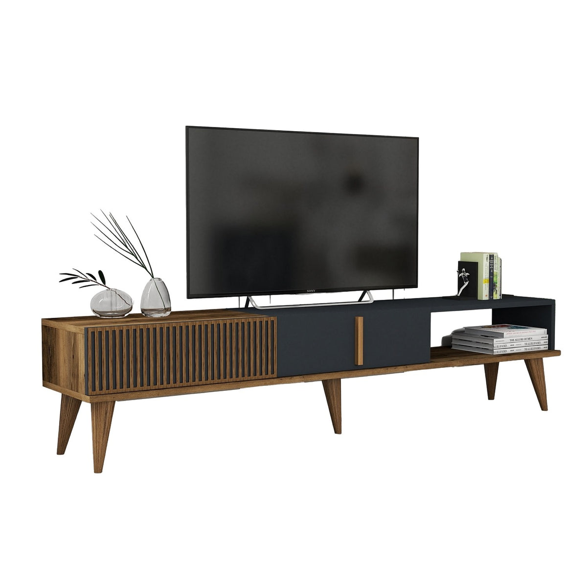 TV Furniture - TV Furniture Milan Alt Walnut Anthracite Melamine 180x40x35 cm - Dimehouse