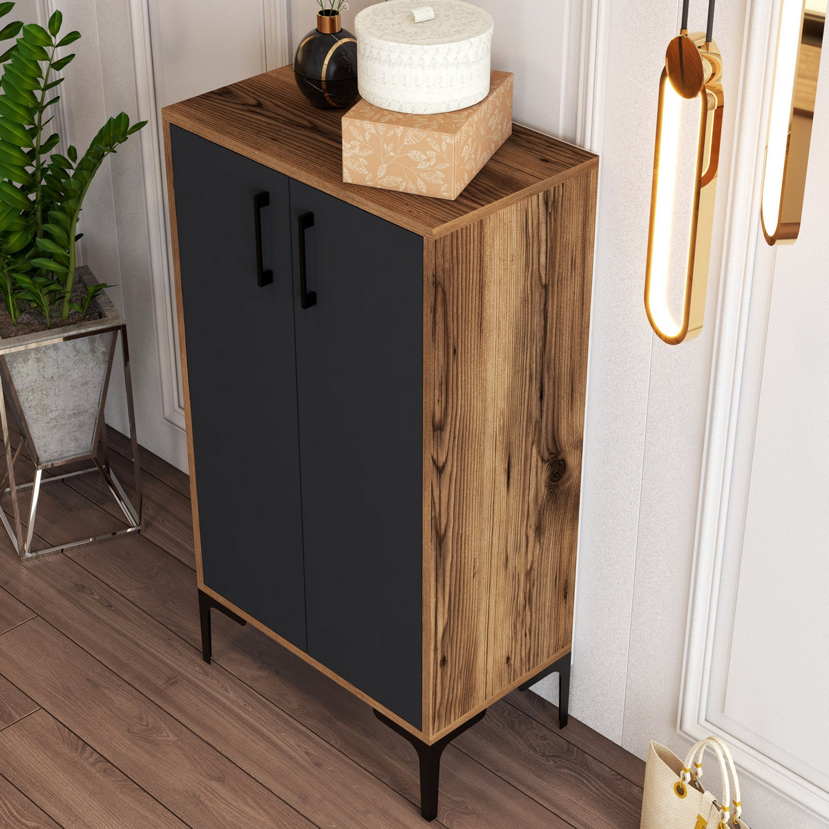 Shoe cabinets - Shoe cabinet Prag Walnut Anthracite Melamine 60x111x35 cm - Dimehouse