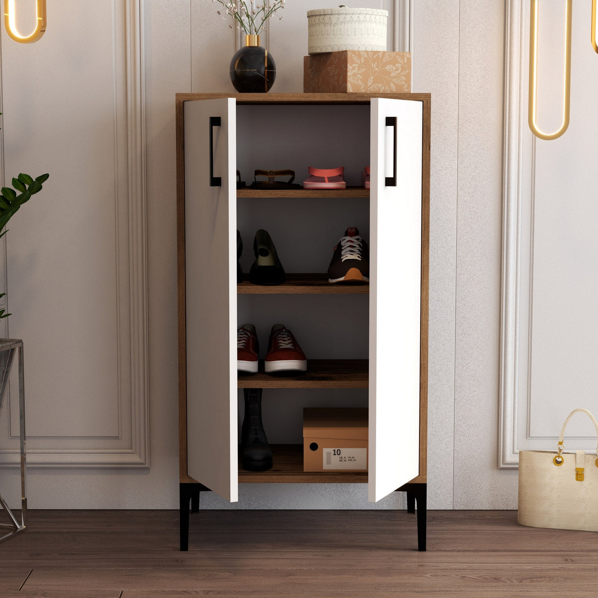 Shoe cabinets - Shoe cabinet Prag Walnut White Melamine 60x111x35 cm - Dimehouse