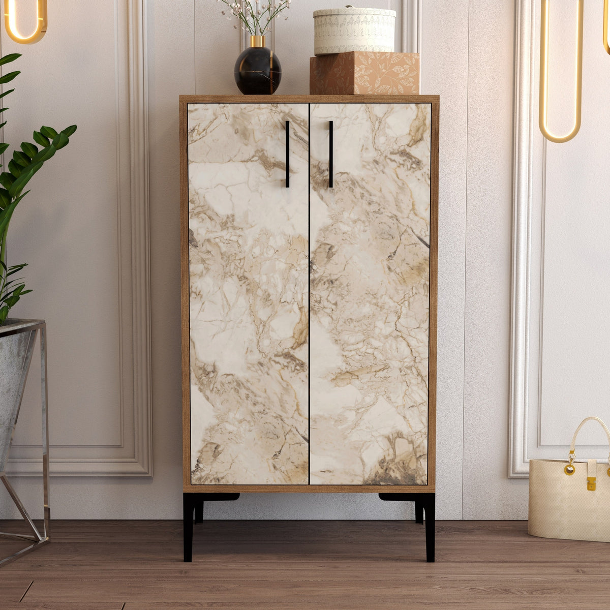 Shoe cabinets - Shoe cabinet Prag Walnut White Marble Melamine 60x111x35 cm - Dimehouse