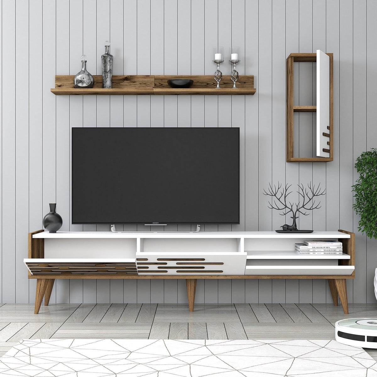 TV Furniture - TV Furniture Set Valensiya Walnut White Melamine 180x35x45 cm - Dimehouse