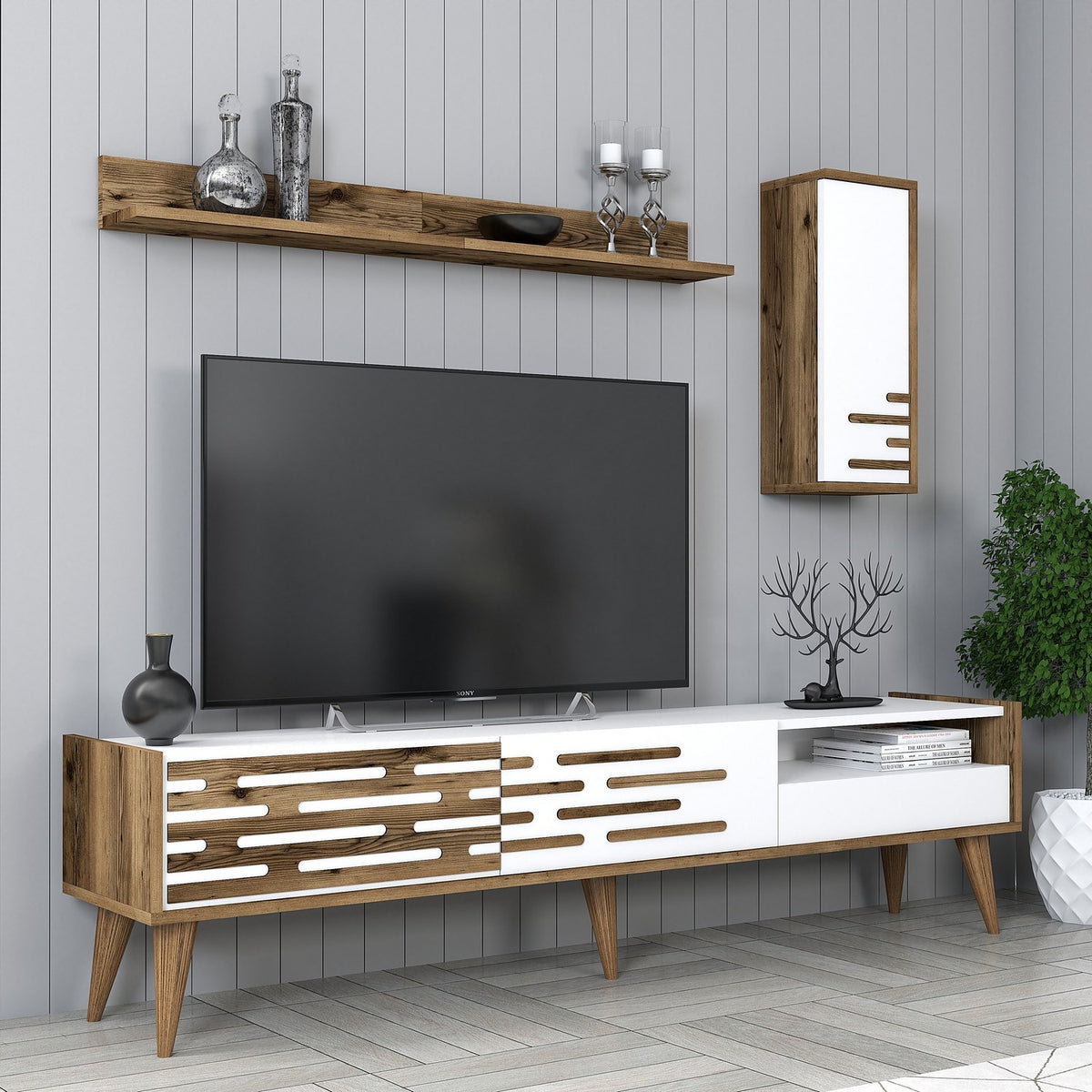 TV Furniture - TV Furniture Set Valensiya Walnut White Melamine 180x35x45 cm - Dimehouse