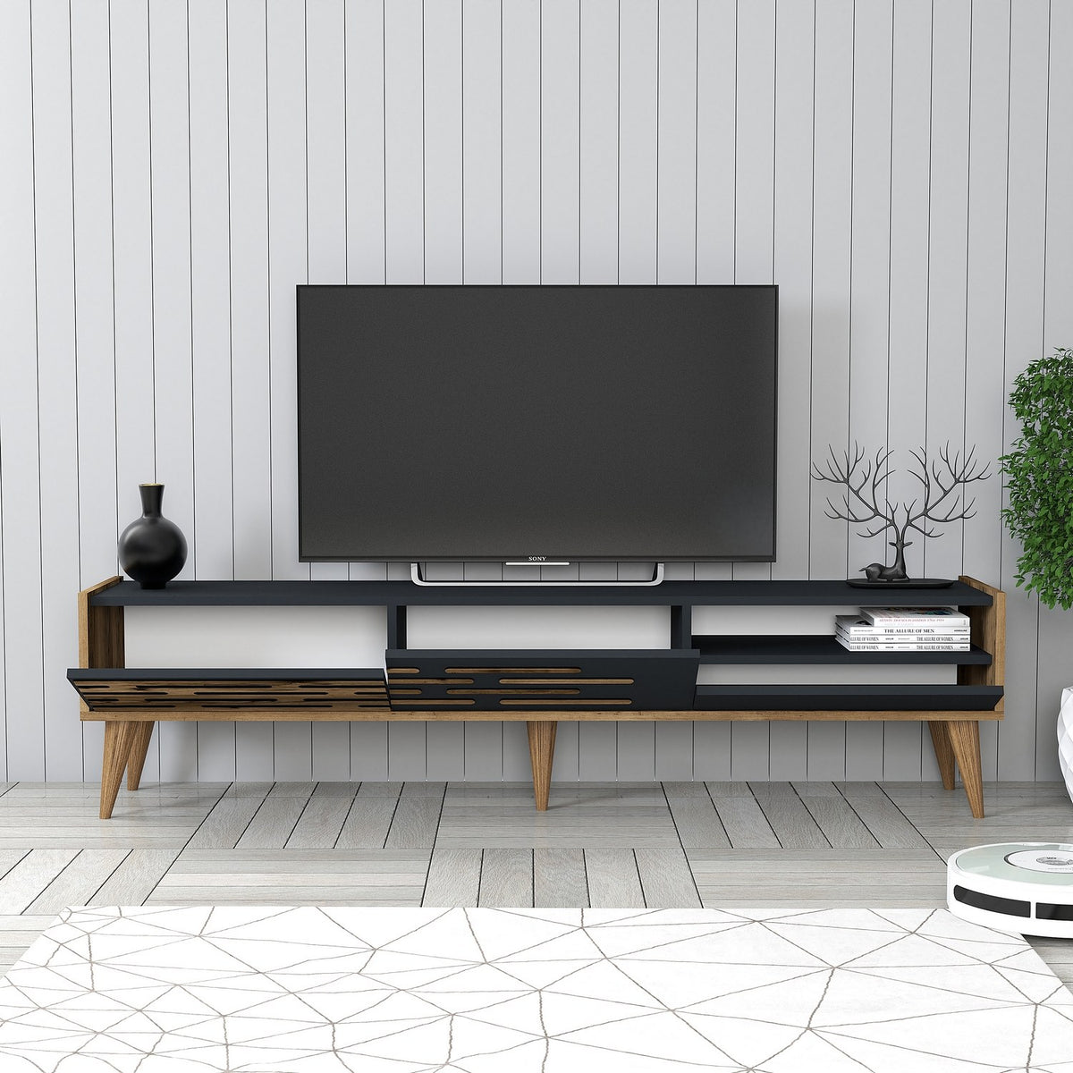 TV Furniture - TV Furniture Valensiya Walnut Anthracite Melamine 180x35x45 cm - Dimehouse