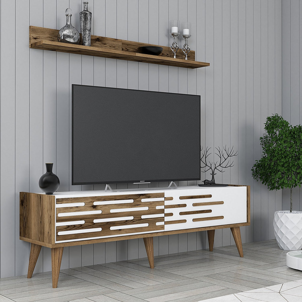 TV Furniture - TV Furniture Set Valensiya Walnut White Melamine 140x35x45 cm - Dimehouse