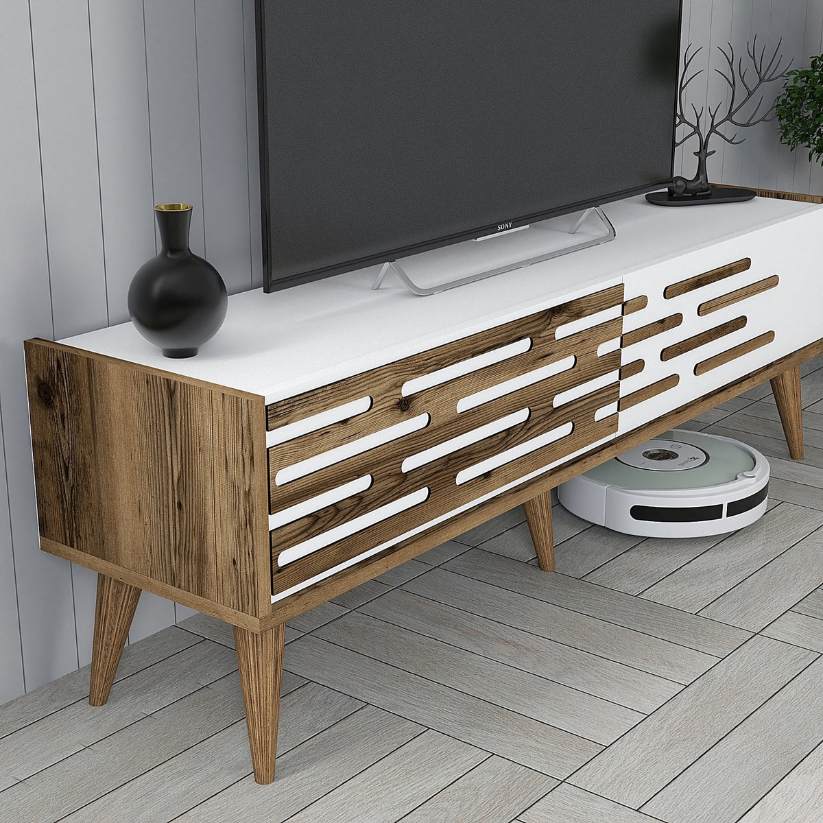TV Furniture - TV Furniture Set Valensiya Walnut White Melamine 140x35x45 cm - Dimehouse