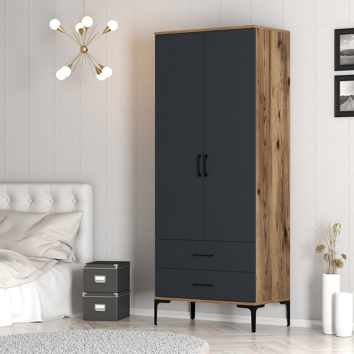 Wardrobes - Wardrobe Kumsal T Walnut Anthracite Melamine 80x47.5x201.4 cm - Dimehouse