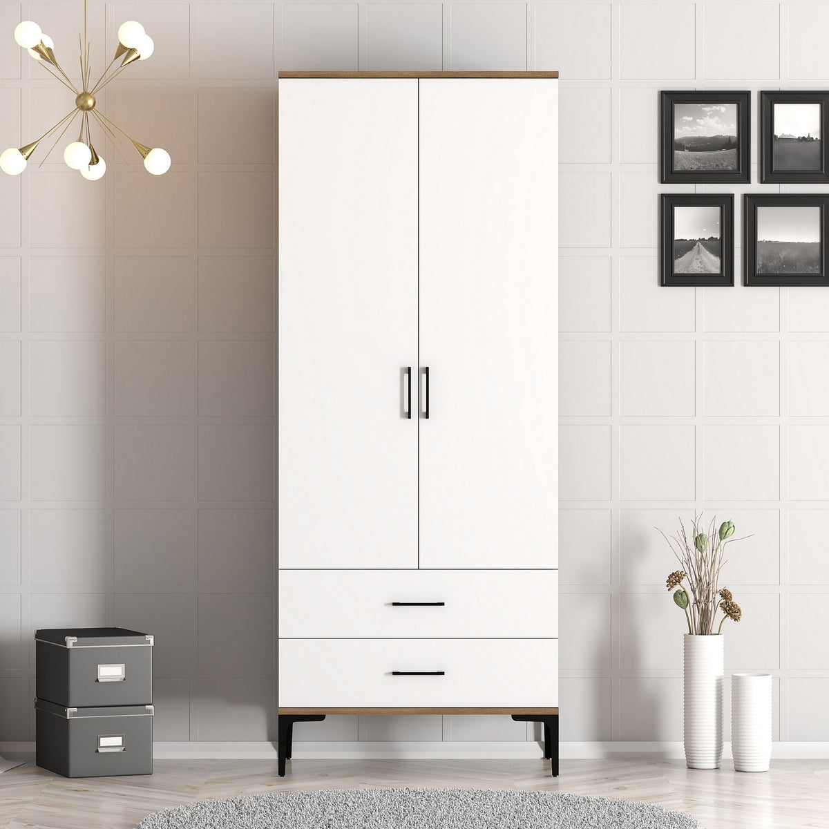 Wardrobes - Wardrobe Kumsal T Walnut White Melamine 80x47.5x201.4 cm - Dimehouse