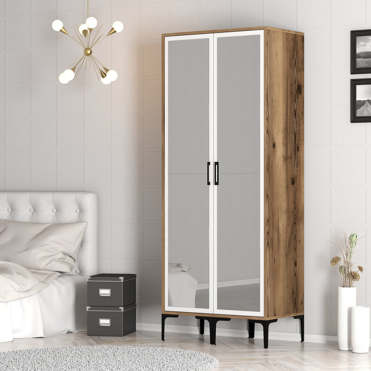 Wardrobes - Wardrobe Kumsal RR Walnut White Melamine 80x47.5x201.4 cm - Dimehouse