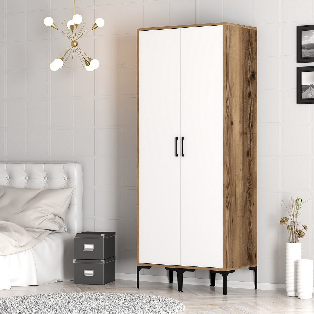 Wardrobes - Wardrobe Kumsal SS Walnut White Melamine 80x47.5x201.4 cm - Dimehouse