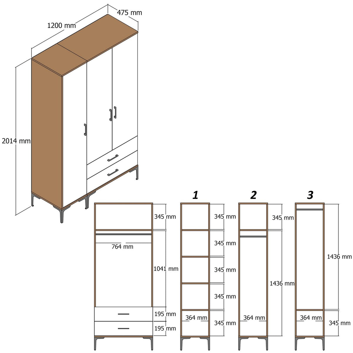 Wardrobes - Wardrobe Kumual PT Walnut Anthracite Melamine 120x47.5x201.4 cm - Dimehouse