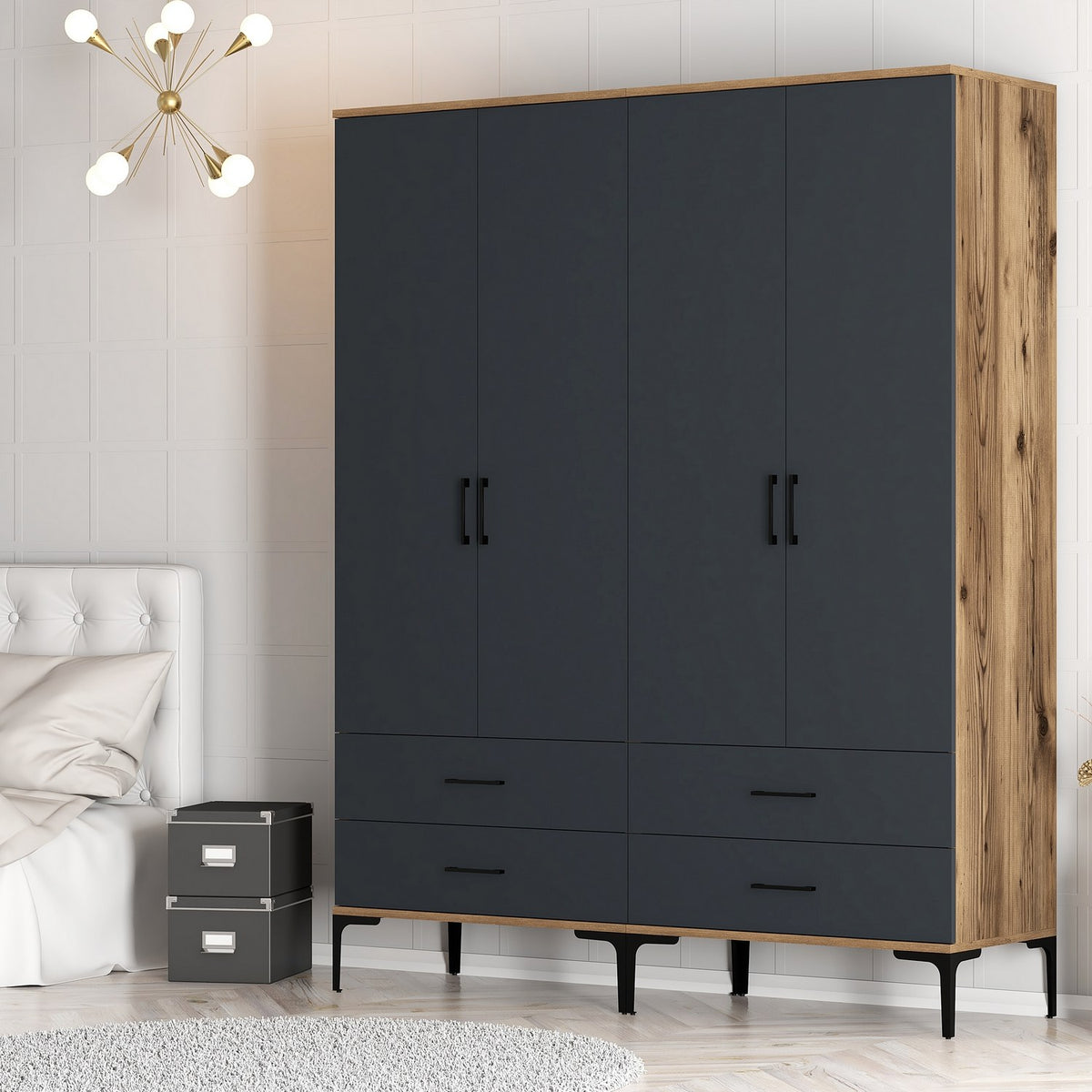 Wardrobes - Wardrobe Walnut and Anthracite Melamine - hang and lay - 160x 200 x 47 cm - Kumsal - Dimehouse
