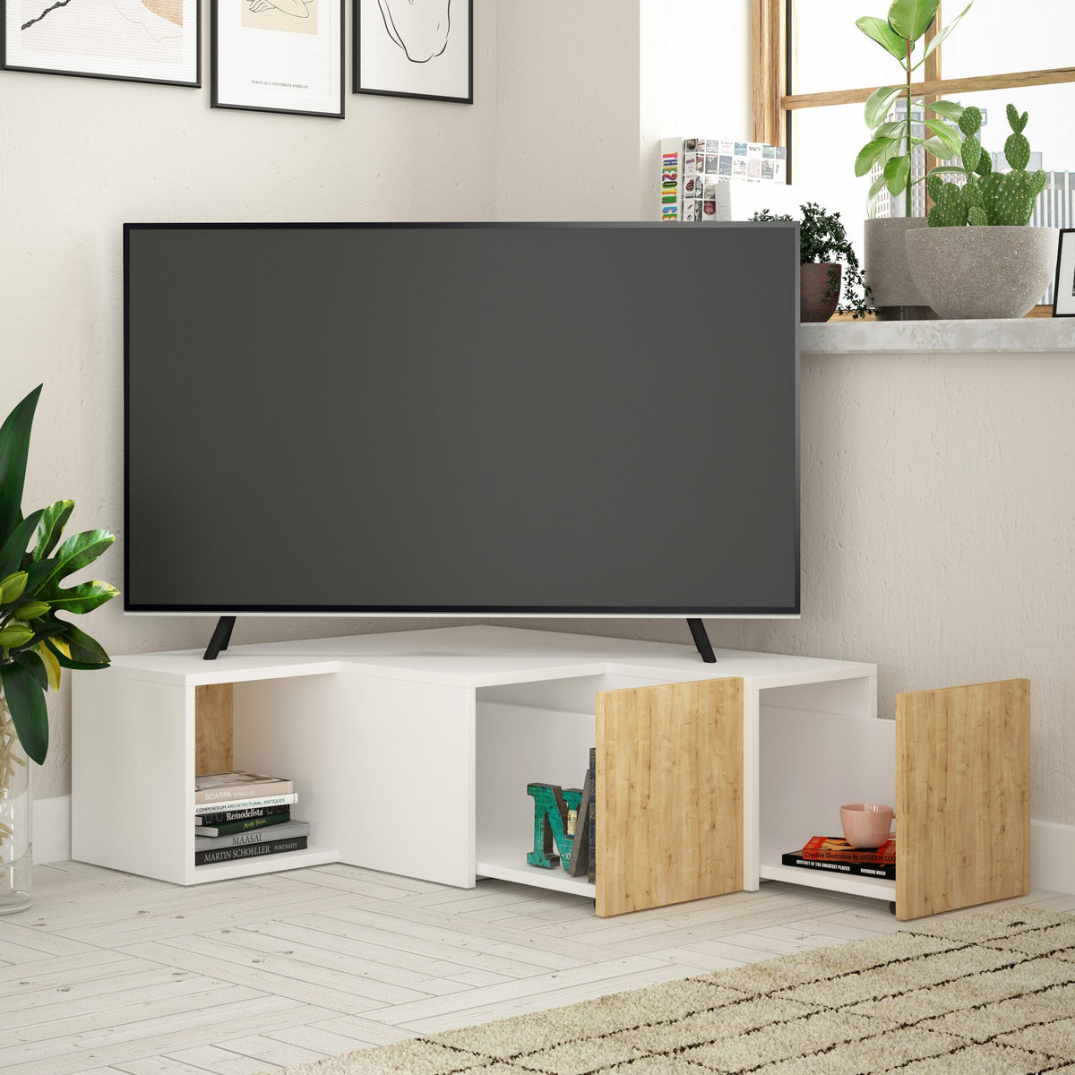 TV Furniture - TV Furniture Compact White Oak Melamine 90x32x92 cm - Dimehouse