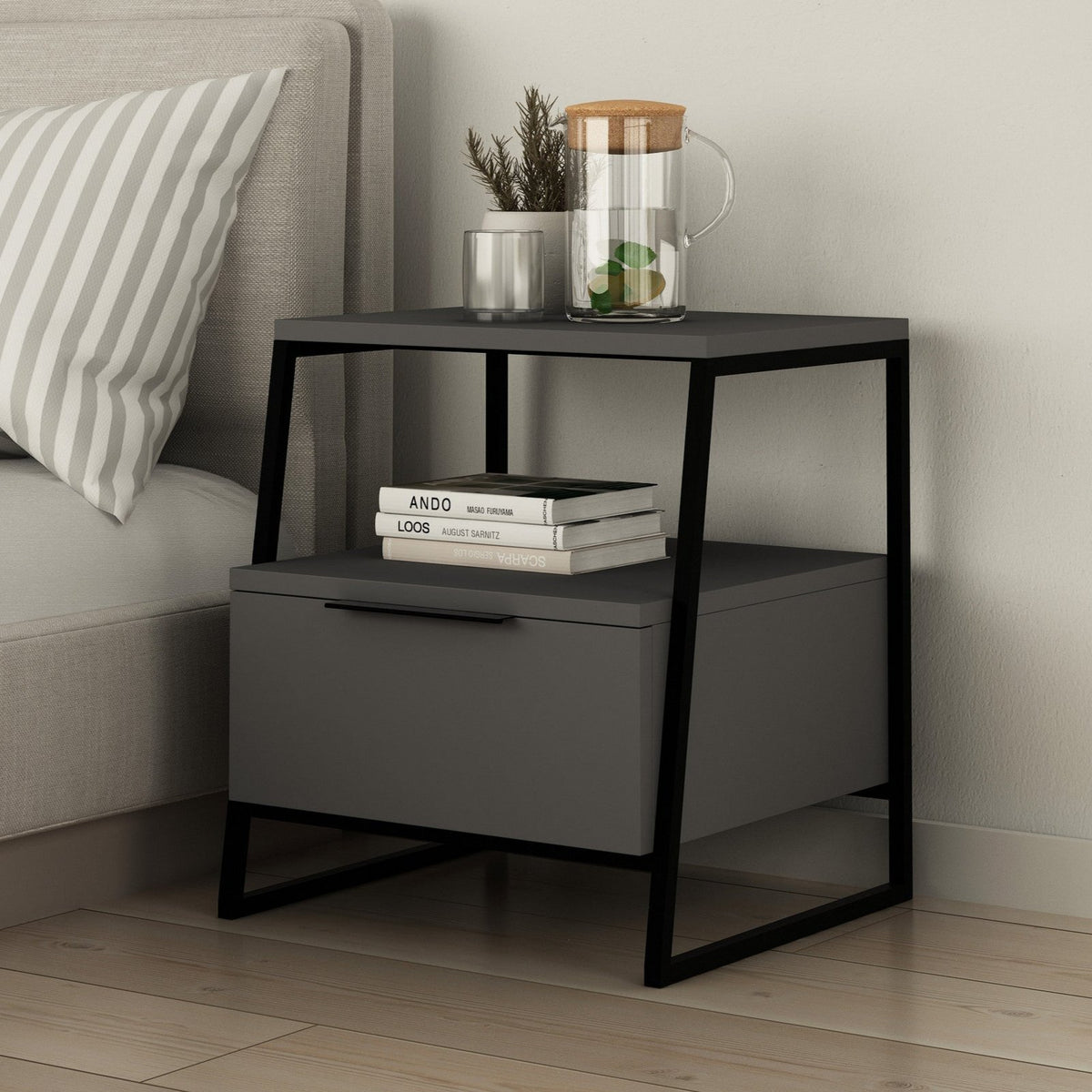 Bedside tables - Bedside table Pal Anthracite Melamine 45x50x40 cm - Dimehouse