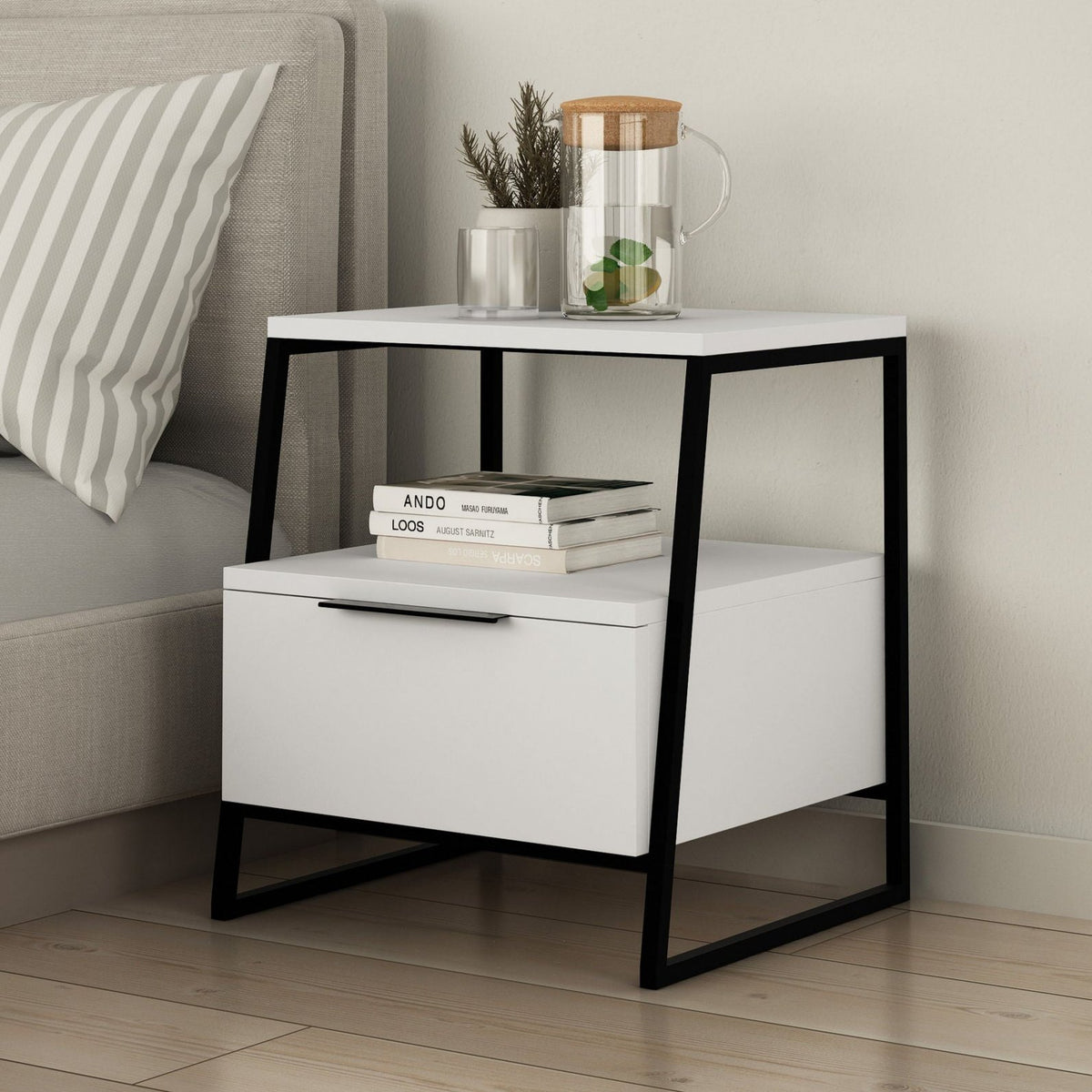 Bedside tables - Bedside table Pal White Black Melamine 45x50x41 cm - Dimehouse