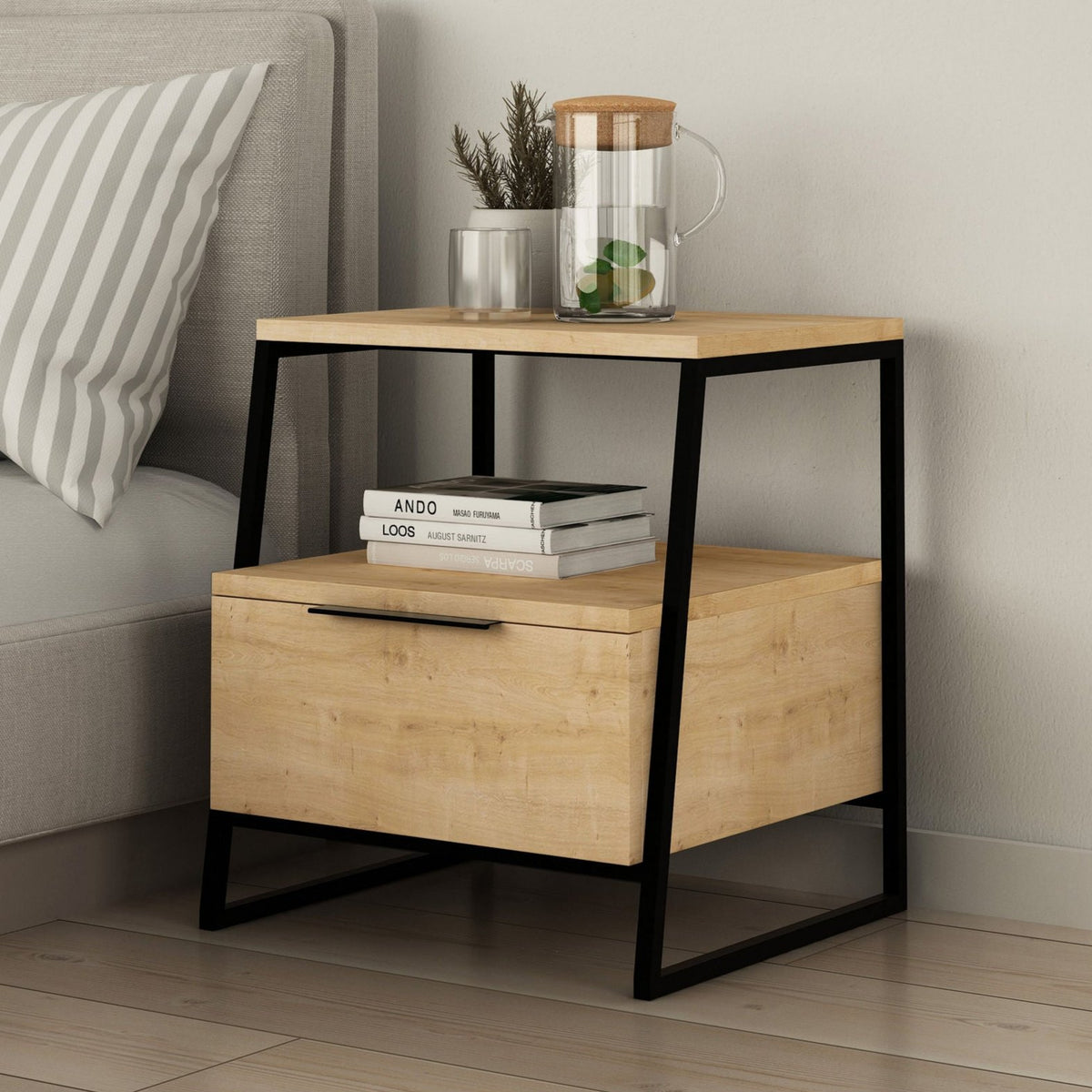 Bedside tables - Bedside table Pal Oak Black Melamine 45x50x41 cm - Dimehouse