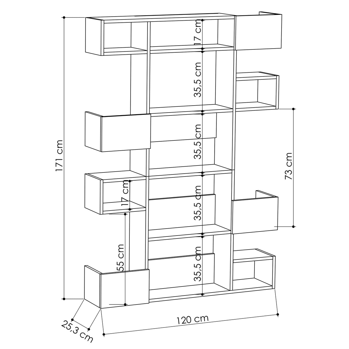 Bookcases - Modern bookcase with asymmetrical compartments white oak melamine Niho 120x171x20 cm - Dimehouse
