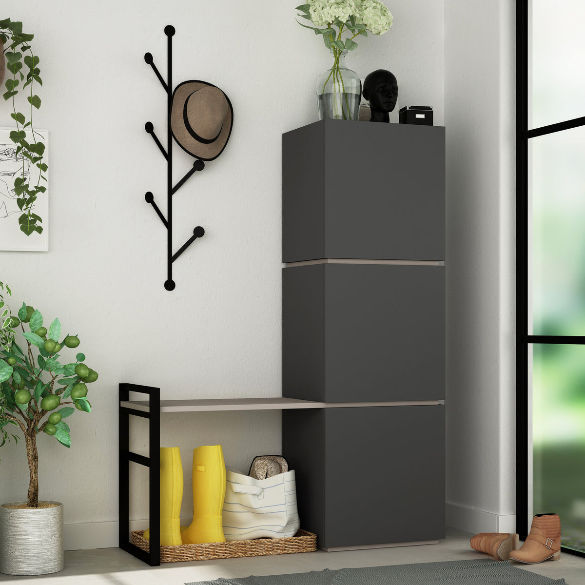 Shoe cabinets - Shoe cabinet Mello Anthracite Brown Melamine 109x149x39 cm - Dimehouse