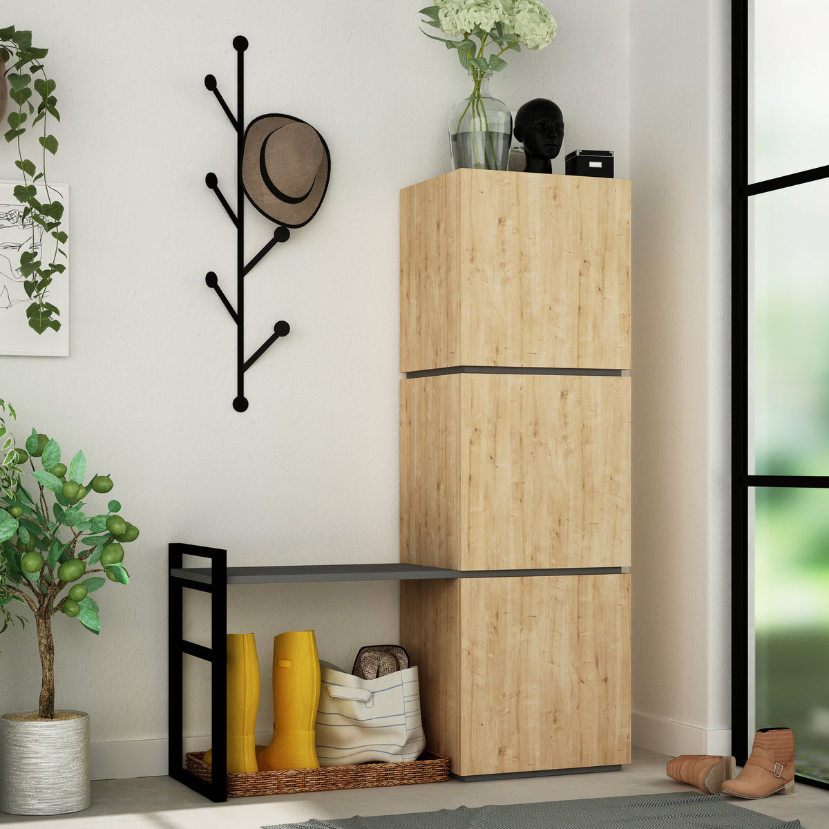 Shoe cabinets - Shoe cabinet Mello Oak Anthracite Melamine 109x149x39 cm - Dimehouse
