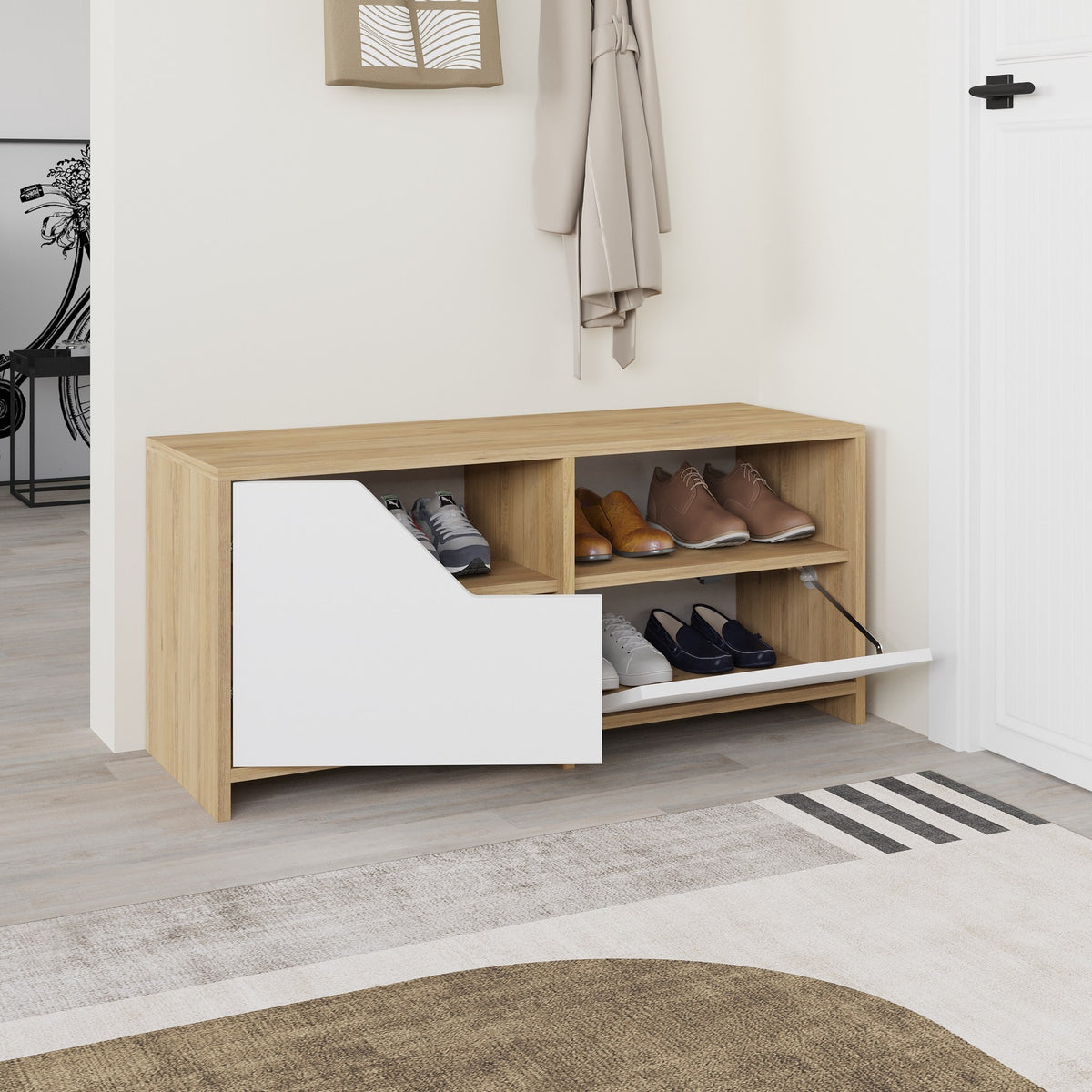 Shoe cabinets - Shoe cabinet Nexus Oak White Melamine 105x47x37 cm - Dimehouse