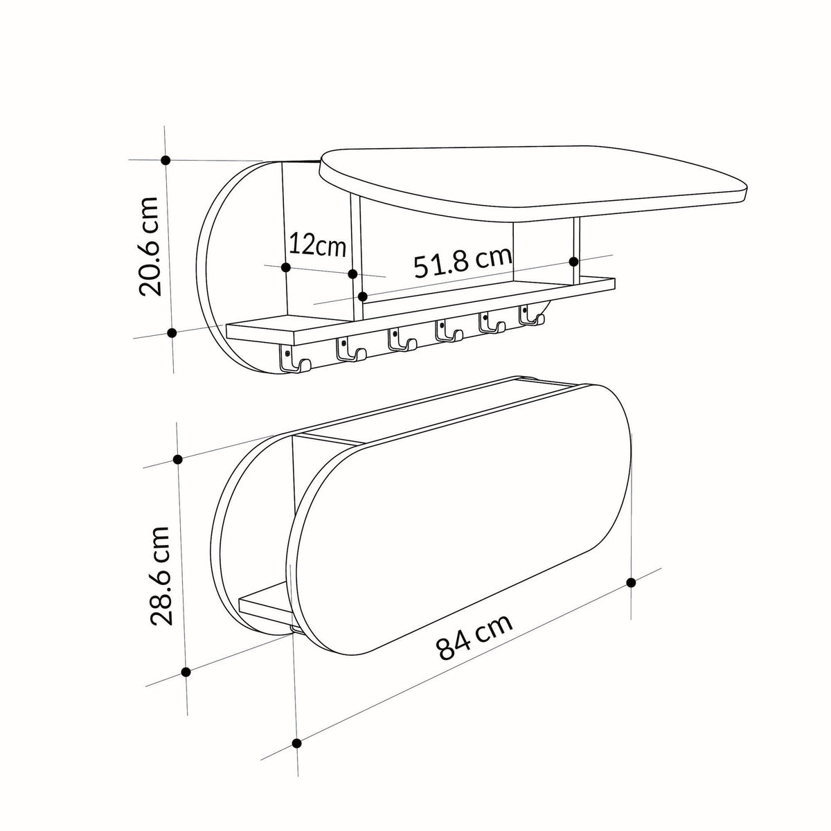 Coat racks - Coat rack Oval 6 - Angled - Hitit - 84x29 cm - With compartment - Dimehouse