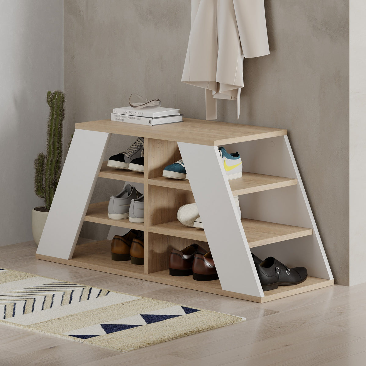 Shoe cabinets - Shoe cabinet Pyramid Oak White Melamine 105.5x50x37.5 cm - Dimehouse