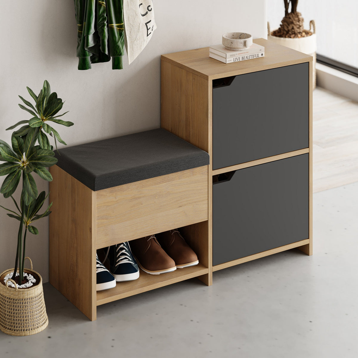 Shoe cabinets - Shoe cabinet Haven Anthracite Oak Melamine 101.5x80.5x35.5 cm - Dimehouse