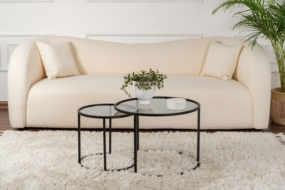Coffee Tables - Modern Round Coffee Table Set of 2 Uru Black - Gray Glass - 60/42 cm - Dimehouse