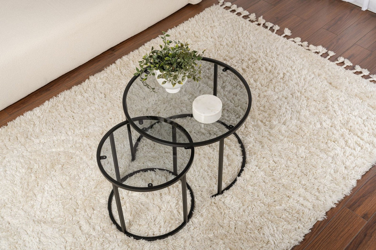 Coffee Tables - Modern Round Coffee Table Set of 2 Uru Black - Gray Glass - 60/42 cm - Dimehouse