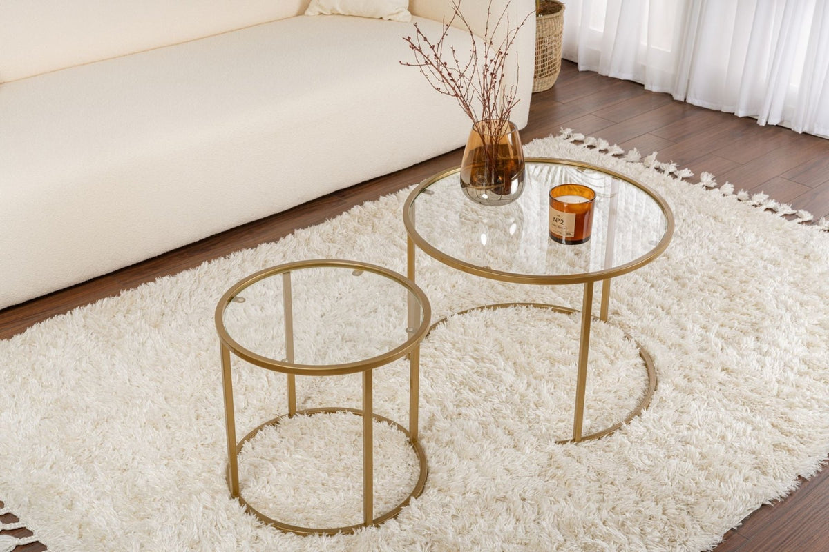 Coffee Tables - Modern Round Coffee Table Set of 2 Uru Gold - Transparent Glass - 60/42 cm - Dimehouse
