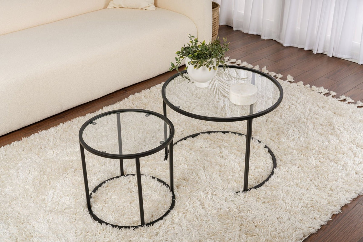 Coffee Tables - Modern Round Coffee Table Set of 2 Uru Black - Transparent Glass - 60/42 cm - Dimehouse