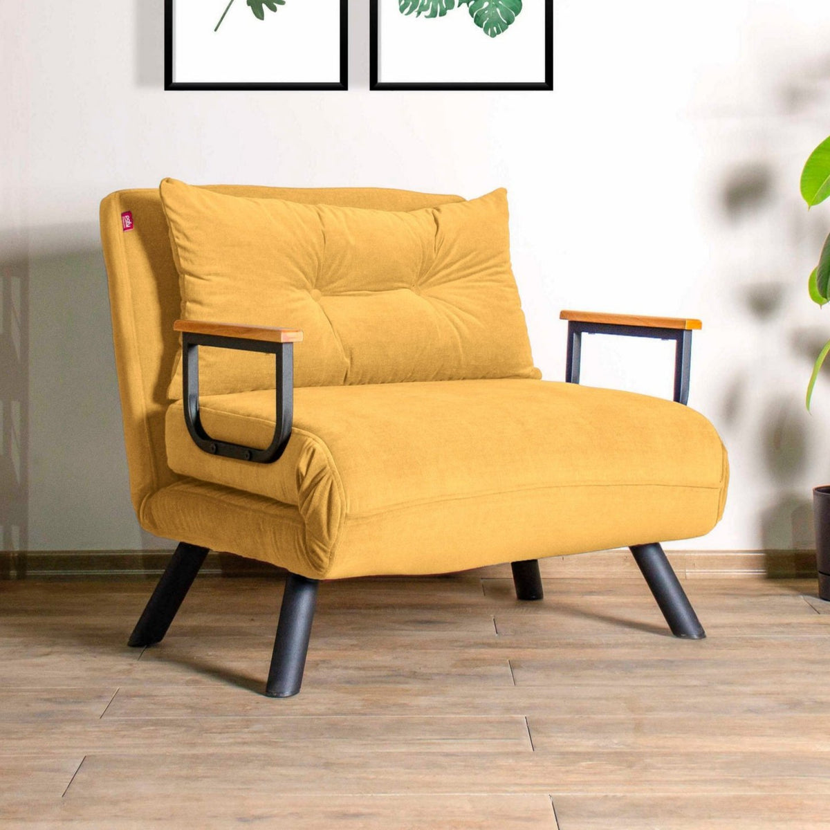 Armchairs - Scandinavian sleeping armchair Mustard Yellow fabric linen look Sando - Dimehouse