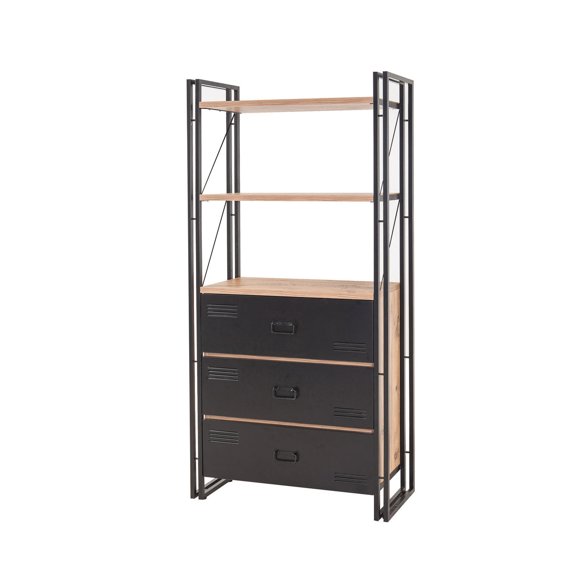 Bookcases - Industrial bookcase with drawers pine wood melamine black metal Cosmo 90x180x35 cm - Dimehouse