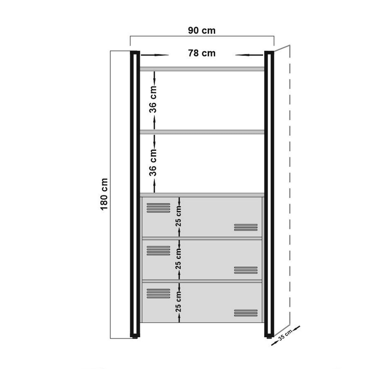 Bookcases - Industrial bookcase with drawers pine wood melamine black metal Cosmo 90x180x35 cm - Dimehouse