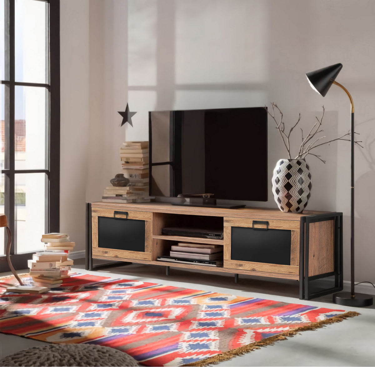 TV Furniture - TV Furniture Arcas Atlantic Pine Black Melamine 180x50x45 cm - Dimehouse