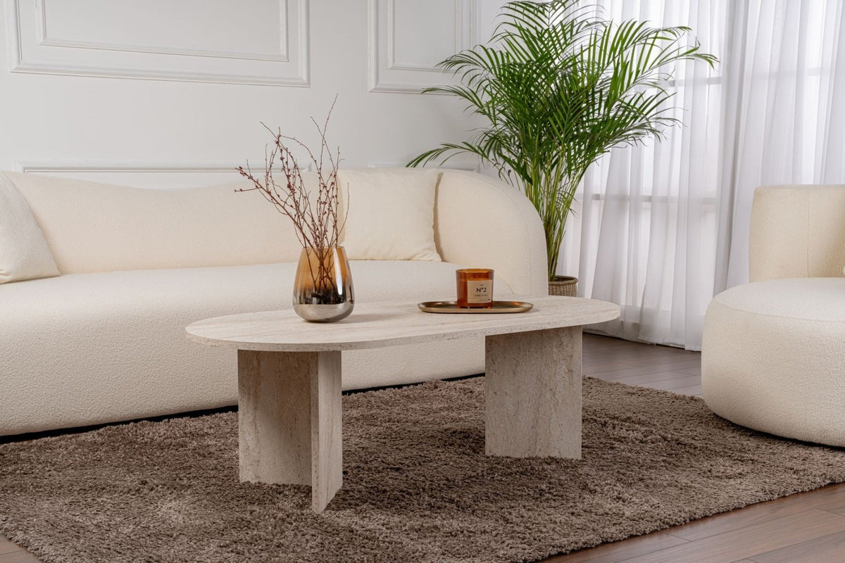 Coffee tables - Oval coffee table travertine melamine - Japandi - 119x60 cm - Sota - Dimehouse