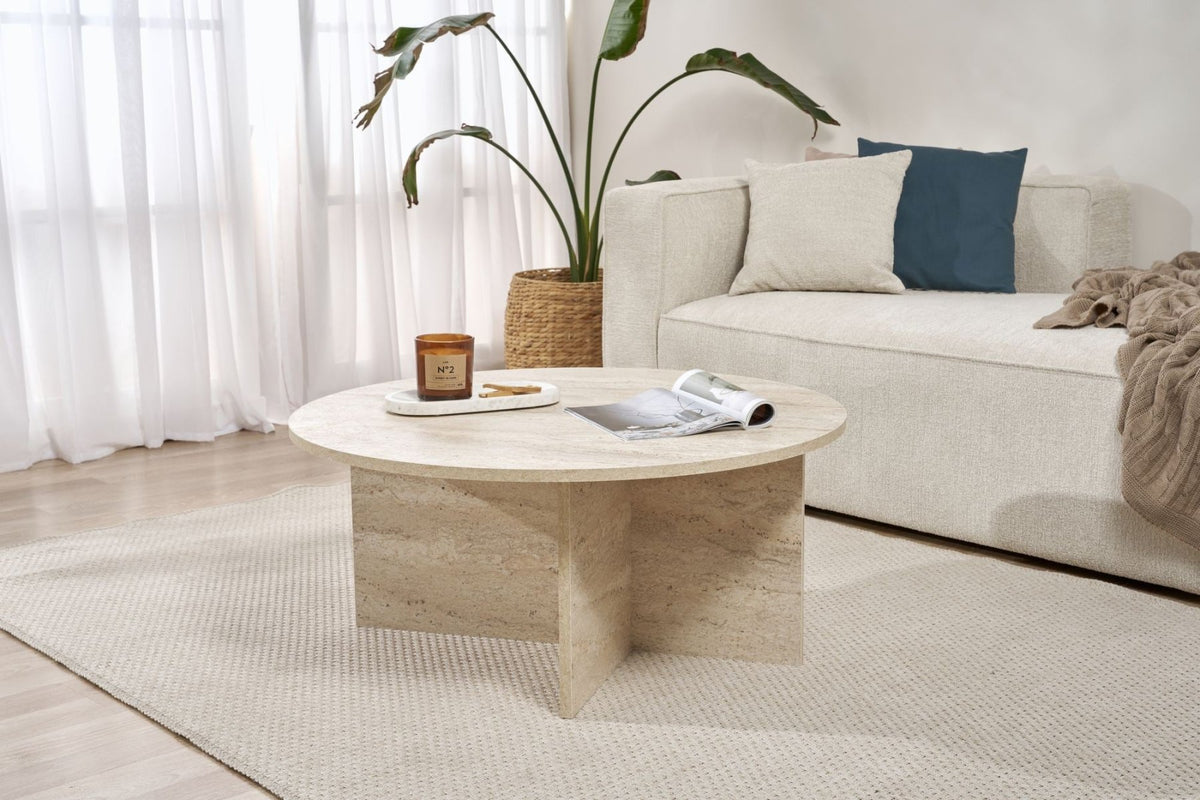 Coffee tables - Round coffee table Travertine melamine - 90x90x40 cm - Dakota - Dimehouse